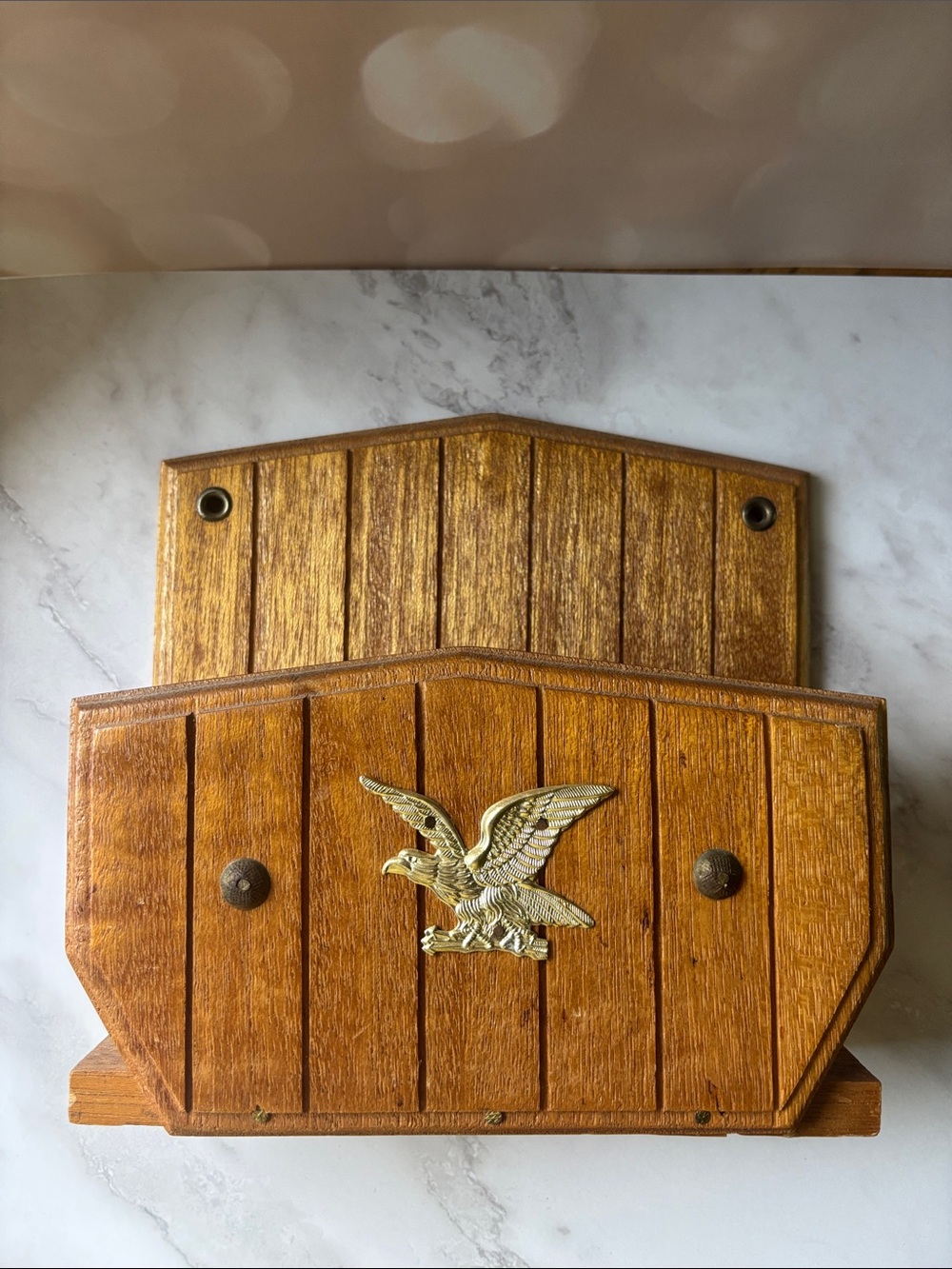 Rustic Vintage Wood Wall Mail Organizer with Gold Eagle Accent - Brown